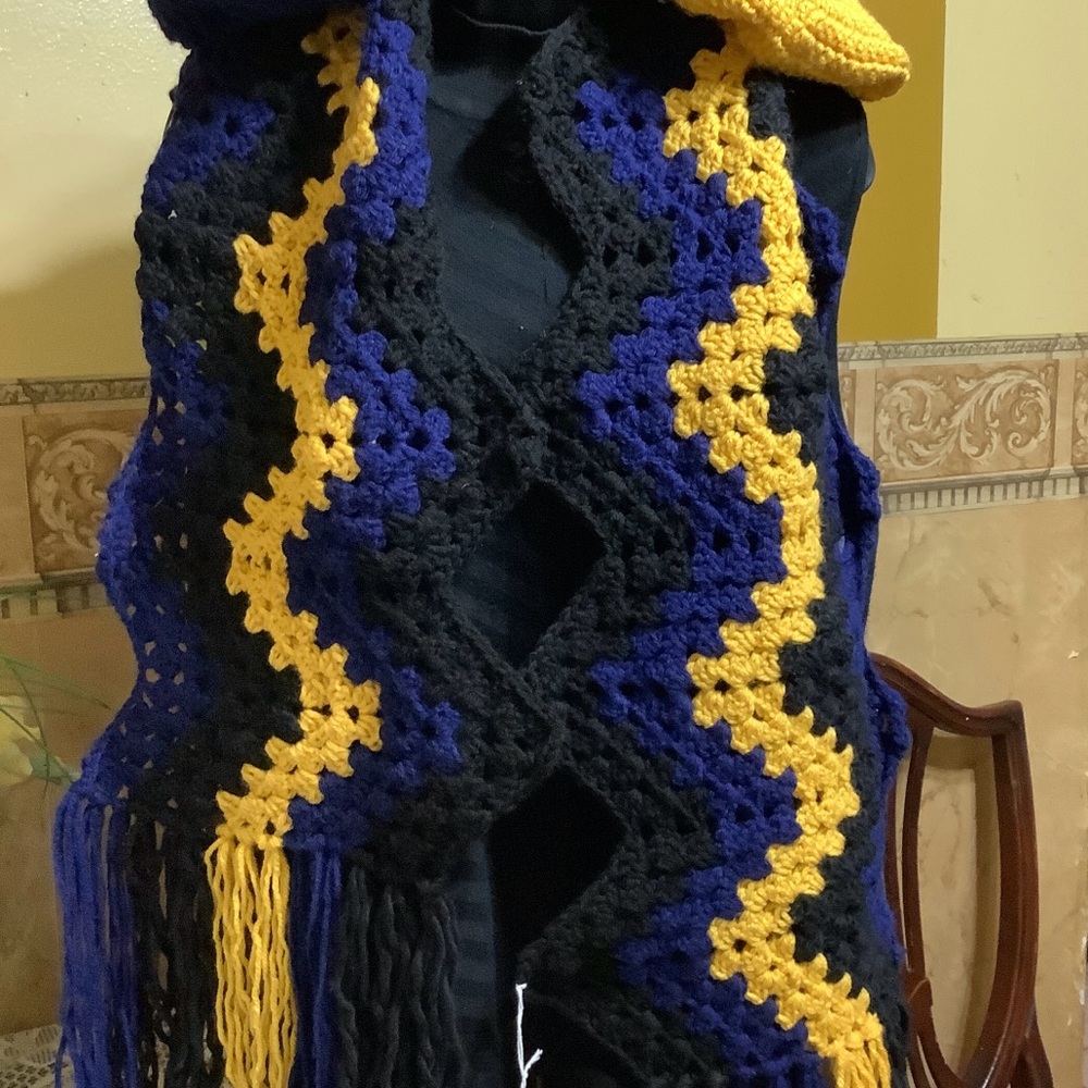 Crochet Zigzag Scarf in Black, Blue, and Yellow